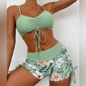Tropical Floral Drawstring Top High Waisted Shorts Swimwear Set